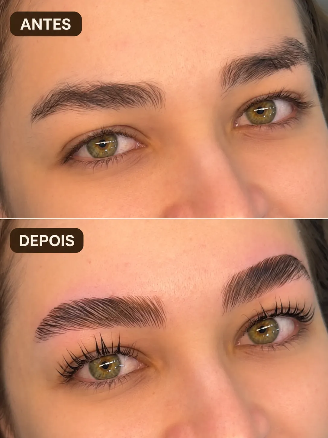Antes e depois de Brow Lamination: em cima, sobrancelhas com fios desalinhados; embaixo, sobrancelhas alinhadas, mais preenchidas e com acabamento natural