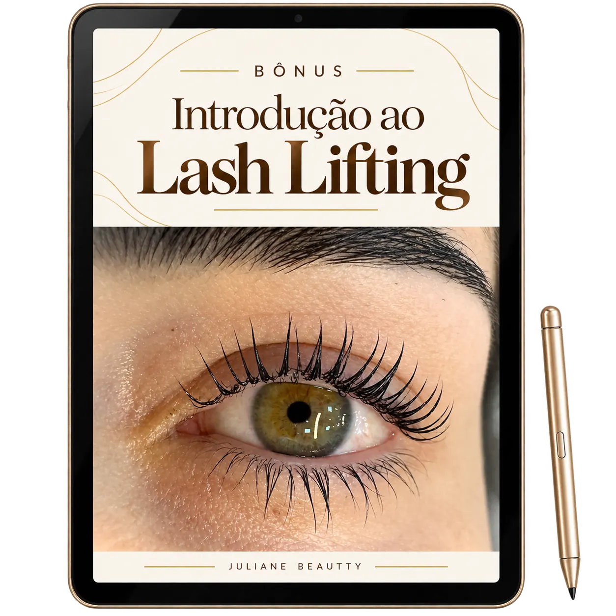 Capa do bônus Introdução ao Lash Lifting, de Juliane Beautty, em um tablet
